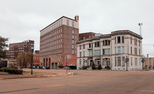 Buildings in downtown Texarkana, Arkansas on a cloudy day