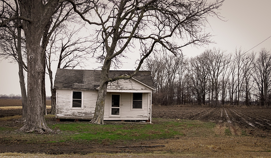 A small and abandoned farmhouse on a farm in rural Mississippi