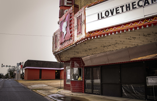 The exterior of an old movie theater in El Dorado, Arkansas