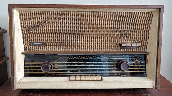 close up old retro radio box on wooden table