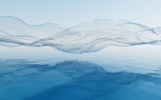 Flowing transparent cloth with water surface, 3d rendering. Digital drawing.