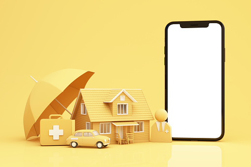 Home insurance concept, cartoon home, car, life, family and medical care. 3D rendering under an umbrella insurance details on the phone screen safety protection. 3d render on yellow background.