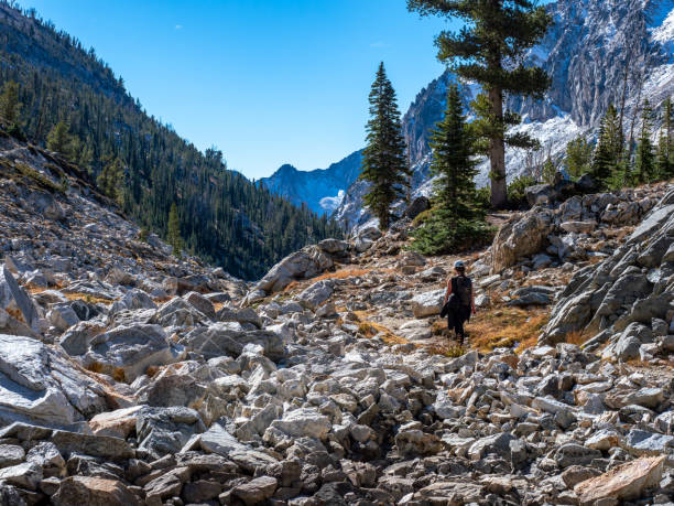 un gran campo pedregoso de rocas en las montañas sawtooth idaho con una mujer caminando en un día soleado - rocky mountian fotografías e imágenes de stock