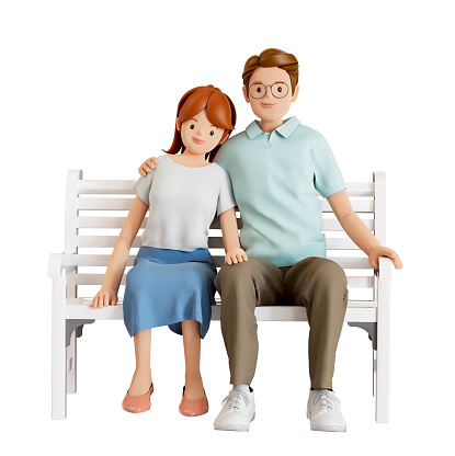 3D human character. A couple sitting on the bench. Isolated white background with clipping path. 3D rendering