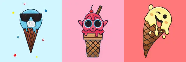 Vector illustration of Cool, happy, and wink ice cream emotes with vanilla, mint chip, and strawberry flavor.