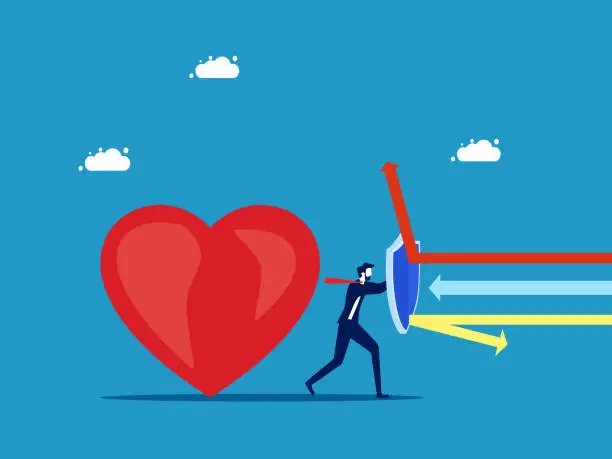 Vector illustration of Preventing things that affect the mind. Businessman holding a shield to protect the heart