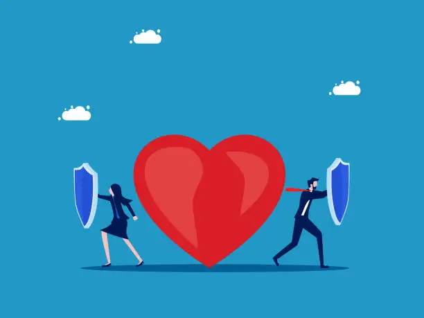 Vector illustration of Preventing things that affect the mind. Businessman team holding a shield to protect the heart