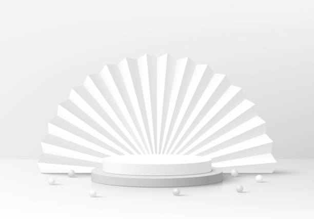 3d-фон: реалистичный белый цилиндрический подиум с шариком из бисера и белым вентилятором. настенный минималистичный макет косметического � - махать моделью stock illustrations