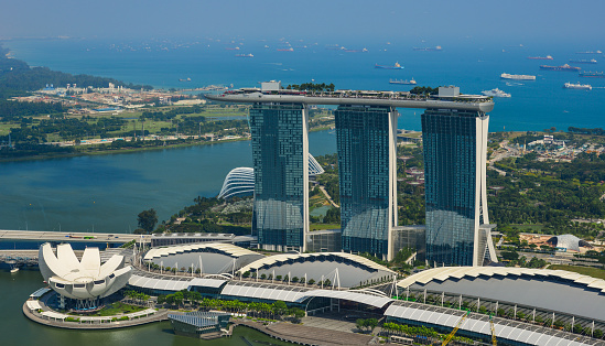Singapore - Feb 9, 2018. Aerial view of Marina Bay Sands Complex at sunny day in Singapore.