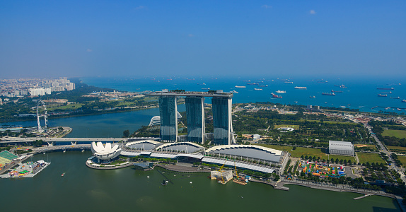Singapore - Feb 9, 2018. Aerial view of Marina Bay Sands Complex in Singapore. Singapore is a global commerce, finance and transport hub.