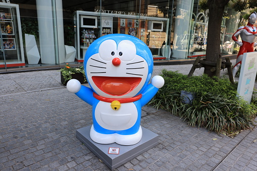 Tokyo, Japan - 3 May 2023: Bandai office and statue of Doraemon in Asakusa, Tokyo. Bandai company is one of big is a Japanese multinational toy manufacturer and distributor
