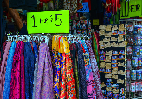 Singapore - Feb 9, 2018. Textile for sale at street market in Chinatown, Singapore.