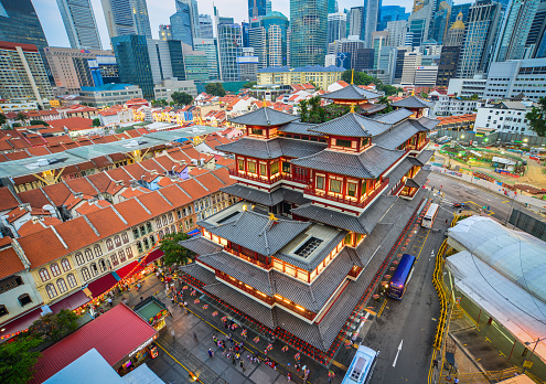 Singapore - Feb 9, 2018. The Buddha Tooth Relic Temple and Museum with Tang dynasty architectural style in Singapore.