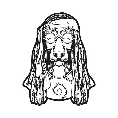 Funky dog head dreadlock hippie lifestyle illustrations monochrome vector illustrations for your work logo, merchandise t-shirt, stickers and label designs, poster, greeting cards advertising business company or brands