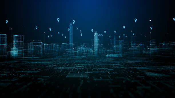 istock Cityscape location icons of GPS navigation, High speed internet connection and big data analysis, Technology digital data network connection background 3d rendering 1497558099