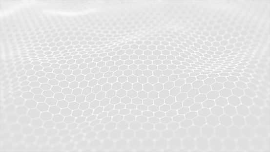 Hexagon Shape Digital Particles Wave, Dots, and Lines Connected Wavy, Digital Cyberspace Abstract Background, 3d rendering