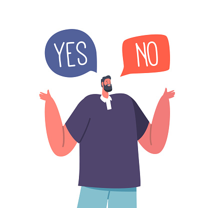 Male Character Making Decision, Contemplating Options And Selecting Between Yes Or No Choices, Utilizing Personal Judgment And Weighing Pros And Cons. Cartoon People Vector Illustration