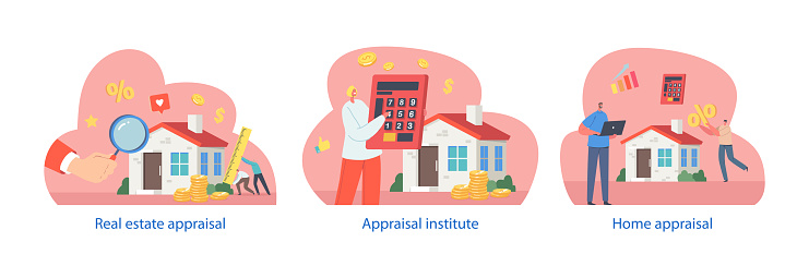 Real Estate Appraisal Isolated Elements with Characters. Professional Process Of Evaluating Property Value Based On Market Analysis, Property Condition, Location, And Comparable Sales, Vector Icons
