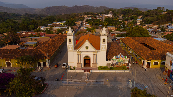 Aerial shot of the Main Cathedral in Cantarranas Central Park, a town located one hour from Tegucigalpa, Honduras.