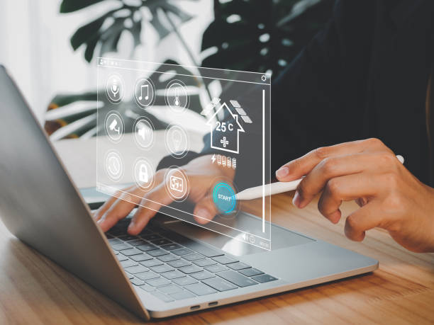 istock Smart Home The user or homeowner presses a button to activate home automation technology. 1497562142