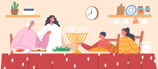 Vector illustration of Devout Jewish Family Characters Gathers Together, Expressing Gratitude And Seeking Blessings Over A Shared Meal