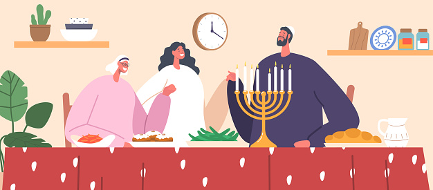 Jewish Family Characters Gathers Together To Pray During A Meal, Embracing Their Traditions And Expressing Gratitude For The Blessings Bestowed Upon Them. Cartoon People Vector Illustration