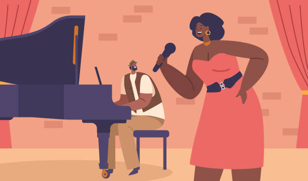 illustrazioni stock, clip art, cartoni animati e icone di tendenza di personaggio della cantante donna nera e pianista che affascina il pubblico con una vivace esibizione jazz sul palco - guitar musical band popular music concert music