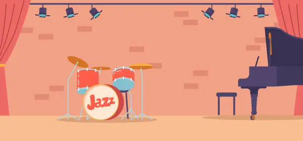 Vector illustration of Stage With Instruments For Playing Jazz Including Drums, And Piano, Setting The Perfect Mood For Musical Experience