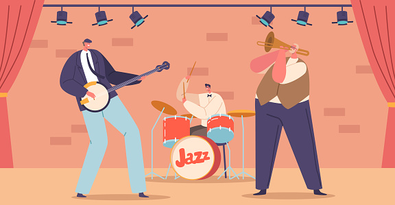 Jazz Band Character On Stage with Banjo, Drums and Trumpet Create An Electrifying Atmosphere That Transports Listeners To A World Of Musical Brilliance. Cartoon People Vector IllustrationV