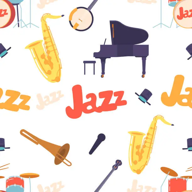 Vector illustration of Seamless Pattern With Various Jazz Instruments, Piano, Saxophone, Trumpet, Drums and Banjo Creating Melodic Design