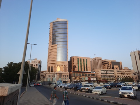 A beautiful evening view of the main road and commercial buildings of Balad in Jeddah, Saudi Arabia.