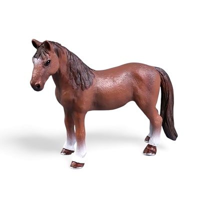 Close-up shot of a miniature brown horse animal toy side view against a white background