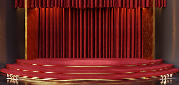 Theater with red curtains and spotlights The stage is raised and red carpeted with gold borders stage lighting, red curtains and wooden floors template for product display cinema scene theater background 3D illustra