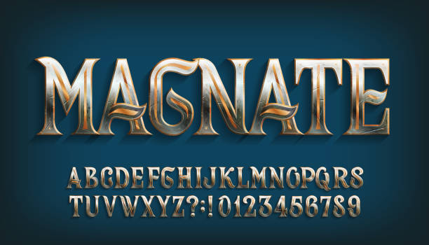 Magnate alphabet font. Damaged ornate metal letters and numbers. Stock vector typescript for your typography design.