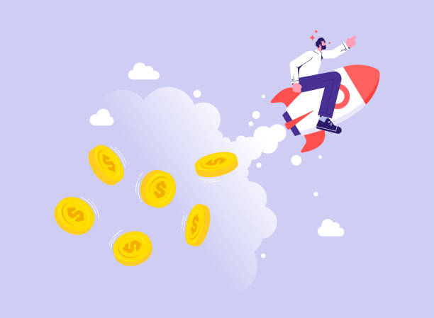 Concept of financial success flat vector illustration Businessman riding a flying rocket with money, career, salary, earnings profit, concept of financial success start ups stock illustrations