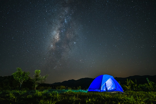 Landscape of Milky Way galaxy with Tent camp, Night sky with stars and silhouette of Tent camp