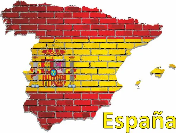 Vector illustration of Shiny map of the Spain on a brick wall