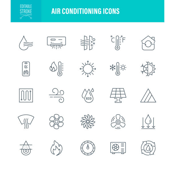 klimaanlagensymbole editierbarer strich - temperatur stock-grafiken, -clipart, -cartoons und -symbole