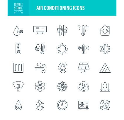 Air Conditioning Icons. Editable Stroke. The set contains icons as Condensation, Electric Fan, Humidity, Air Conditioner, Heat - Temperature, Cold Temperature, Wind