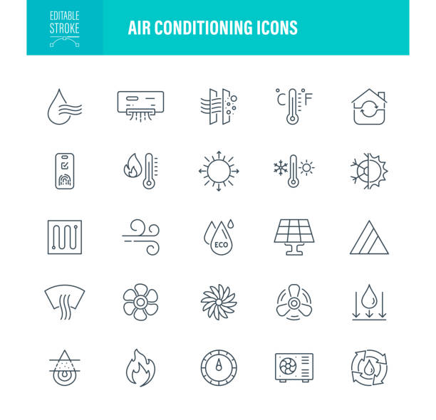 Air Conditioning Icons Editable Stroke Air Conditioning Icons. Editable Stroke. The set contains icons as Condensation, Electric Fan, Humidity, Air Conditioner, Heat - Temperature, Cold Temperature, Wind heat transfer fluid stock illustrations
