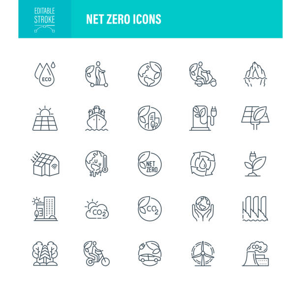 Net Zero Icons Editable Stroke Net Zero Icons Icons. Editable Stroke. The set contains icons as Carbon Dioxide, Environmental Conservation, Climate Change, Sustainable Resources, Zero Waste, Solar Panel zero emission vehicle stock illustrations