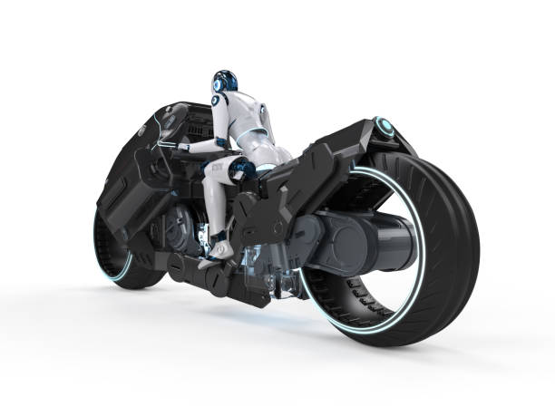 istock Racing technology with robot riding on motorbike with speed 1497581536