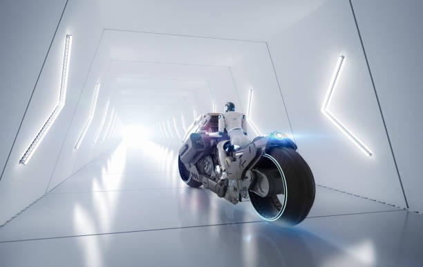 istock Racing technology with robot riding on motorbike with speed 1497581545