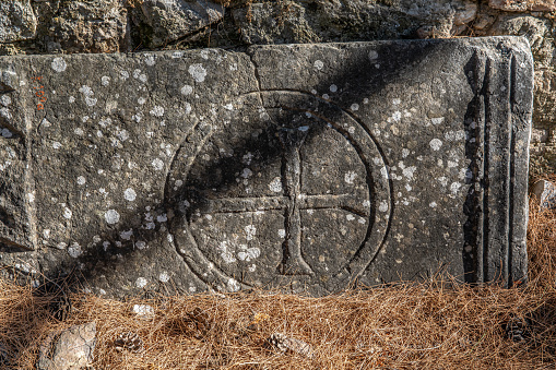 Close up view of runestone with inscription from the 1000s AD. Sweden.