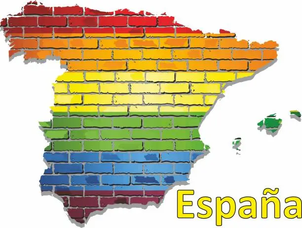 Vector illustration of LGBT flag map of Spain on a brick wall