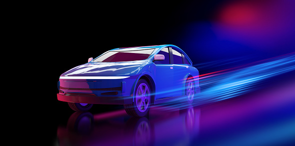 3d rendering ev car or electric vehicle motion drive on neon glow background