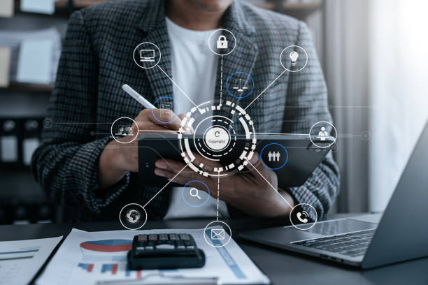 istock Copyright or patent concept, Person hand using laptop computer, tablet and smartphone with virtual screen copyright icon trademark, Creation ownership against piracy at office. 1497583516