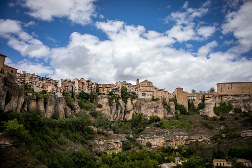 Panoramic view of the old town of the unesco world heritage city of Cuenca, Spain over the rock and from the national parador