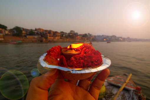 The lamp ready for floating in Ganges river.