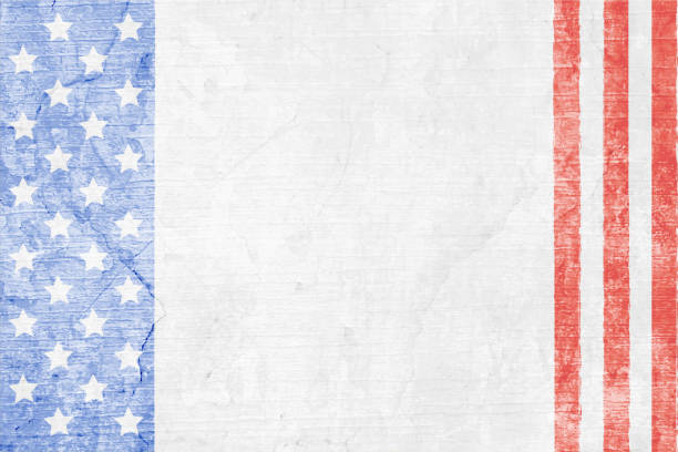 istock Part of United States flag white stars on blue backdrop and red stripes, painted as left and right border on old weathered  backdrop with an uneven texture all over horizontal wooden textured vector background in fading transparent pastel colors 1497585192